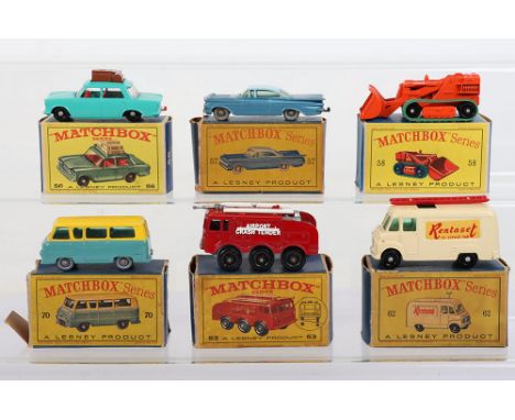 Six Boxed Matchbox Lesney Regular Wheels Models, 56b Fiat 1500,  57b Chevrolet Impala, black base, grey plastic wheels,58b Dr