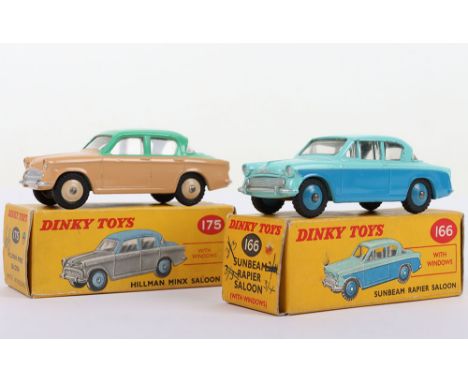 Two Boxed Dinky Toys Cars, 166 Sunbeam Rapier blue lower body, turquoise upper body, blue wheel hubs and 175 Hillman Minx Sal