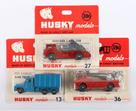 Three Carded Commercial Husky Models, no.13 Guy Warrior Sand Truck, blue body, no.27 Bedford TK 7 Ton Skip Truck (chrome plat