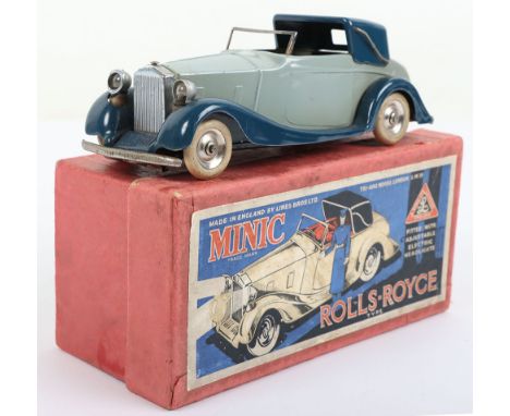 Scarce Tri-ang Minic 50ME Pre War Rolls Royce Sedanca with Electric headlights, tinplate grey/blue body, white plastic seats,