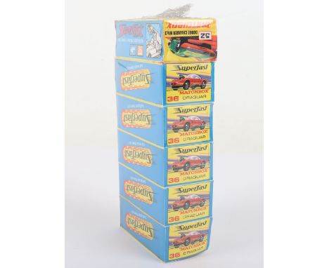Matchbox Lesney Superfast Trade pack of five 36d Hot Rod Draguar, G style box, plus 52c Dodge Charger Mk3 in I style box, all