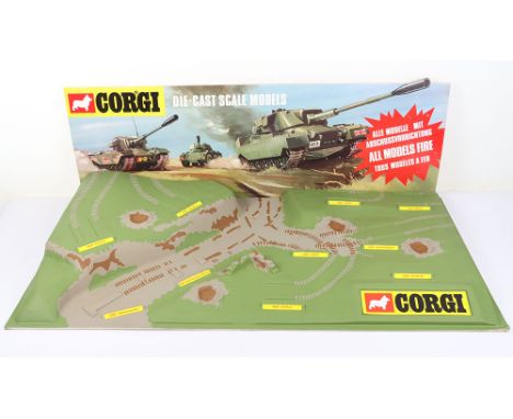 Scarce Corgi C2003 Military Shop Display Stand, green plastic vacuum base, colouful illustrated header card, to display C10, 