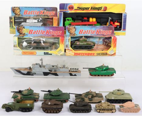 Matchbox Lesney Battlekings, boxed: K-101 Sherman,K-104 King Tiger, K-109 Sheridan, unboxed: 2 x K-103 Chieftains, K-108 Halk