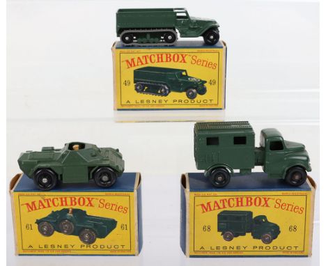 Three Boxed Matchbox Lesney Regular Wheels Military Models, 49a Army Half Track Mark III, black plastic wheels/rollers, 61a A