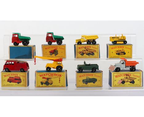 Eight Boxed Matchbox Lesney Regular Wheels Models, 2 x 2c Muir Hill Dumper, 6c Euclid Quarry Truck, 8c Caterpillar Tractor, b