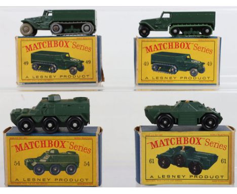 Four Boxed Matchbox Lesney Regular Wheels Military Models, 49a Army Half Track Mark III, black plastic wheels/rollers, 49a Ar