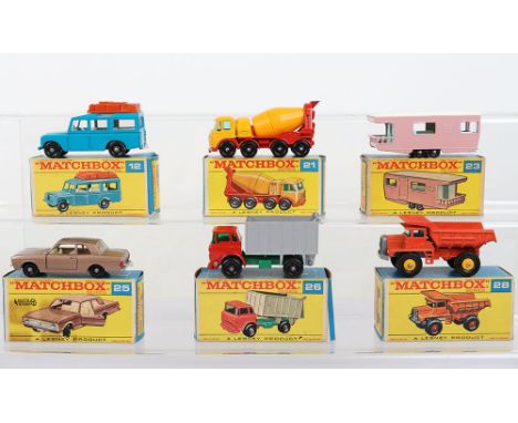 Six Boxed Matchbox Lesney Regular Wheels, 12c Safari Land Rover, blue body, tan luggage,21d Foden Concrete truck, 23d Trailer