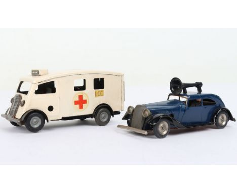 Tri-ang Minic Traffic Control car and Ambulance, 29M Traffic Control car, blue, single speaker and figures, 75M LCC Ambulance