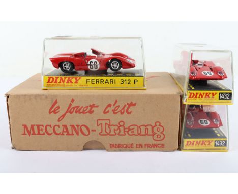 French Dinky Toys Trade box 1432 Ferrari 312P, card box containing three Ferrari 312P  racing cars,red bodies, racing number 