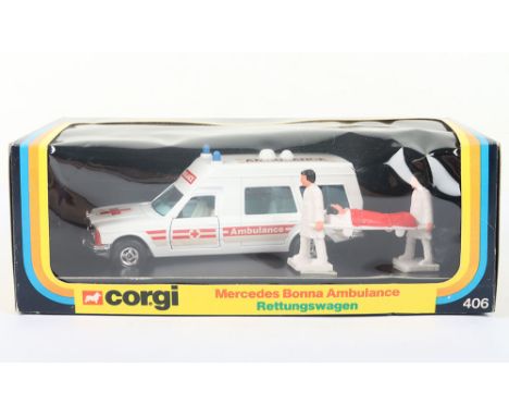 Corgi 406 Mercedes Bonna Ambulance, white body red/white/black stickers, in mint boxed condition.