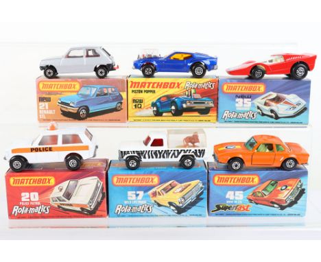 Six  Matchbox Lesney Superfast Boxed Models, England: MB-10 Piston Popper Rola-matics, metallic blue,amber glass MB-21 Renaul