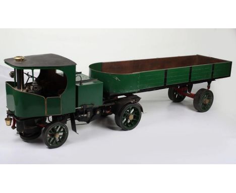 Professionally made 2” Scale Clayton Live Steam Articulate Lorry, model finished in green livery, with plank detailing to tra