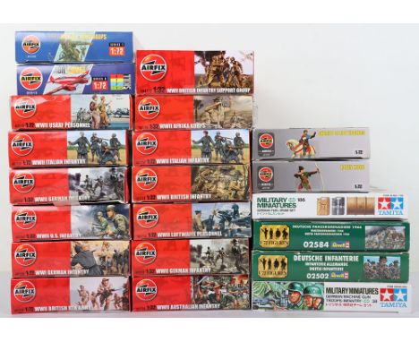 Boxed Airfix 1:72 and 1:32 scale Army figures, seven 1:72 in WWI Army infantry, various WWII soldiers, five unopened, two ope