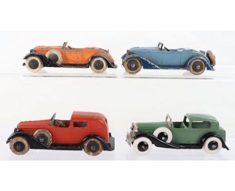 Three Pre War Graham Tootsietoy (USA)  circa 1932, Town Sedan, brick red, black chassis, excellent, two Roadsters, in poor to