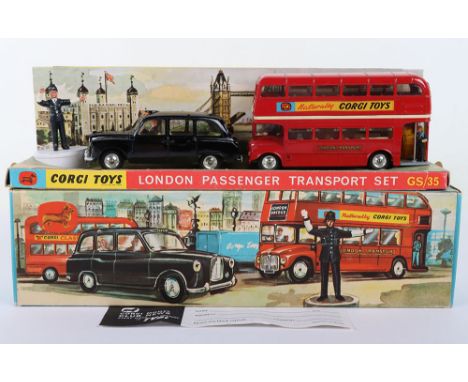 Corgi Toys Gift Set 35 London Passenger Transport Set, contains 418 Austin London Taxi Cab, black body, yellow interior, with