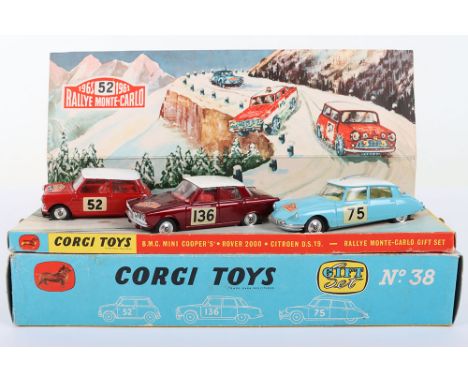 Corgi Toys Rallye Monte Carlo Gift Set 38, with 318 Mini Cooper S red body/interior, spun wheel hubs, no ‘52’ 322 Rover 2000,