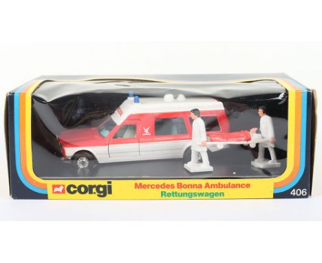 Corgi 406 Mercedes Bonna Ambulance Danish Issue, red/white ‘Falk’ in mint boxed condition, very slight edge wear to one end f