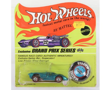 Scarce Hot Wheels Redline By Mattel 6416 Porsche 917 Aqua spectraflame , window tinted blue, metal collector’s button, in nea