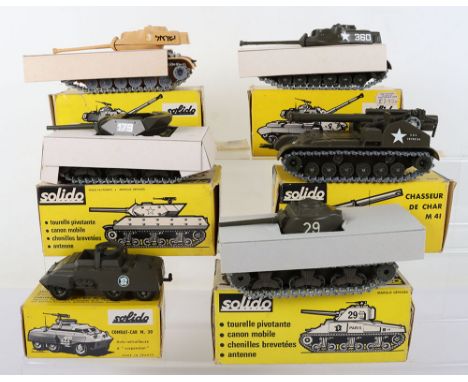 Six Boxed Solido Military Models, 200 US Combat Car, accessories in packet, plastic reaction to wheel hubs,202 Tank Patton M-