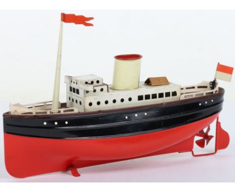 Fleischmann tinplate clockwork Ocean Liner, 1930s, red and black painted hull, brown decks and white superstructure, single f