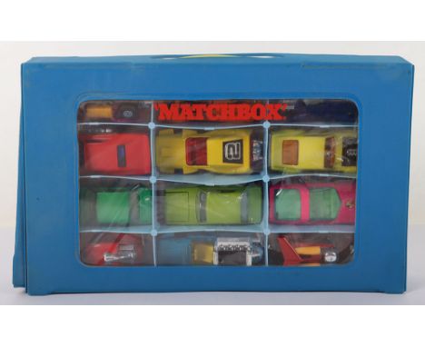 Matchbox Superfast USA issue Carry Case with 12 Vehicles Including: 11e VW Flying Bug, metallic red, grey glass, 5 spoke whee