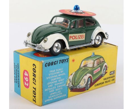 Corgi Toys 492 Volkswagen European Police Car, green/white body, tan interior ‘Polizei’ transfers, spun wheel hubs, in mint o