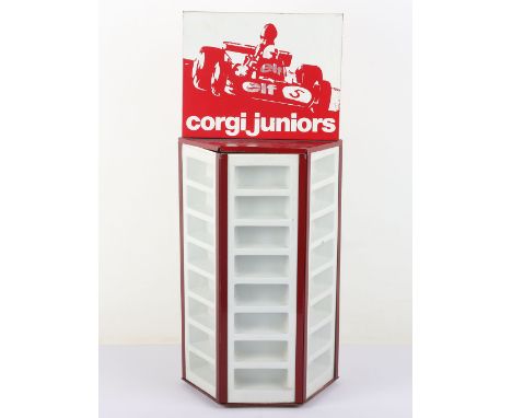 Corgi Juniors Shop Display Hexagonal Rotating Stand, circa 1970’s dark red metal construction, vacuum plastic inserts, holds 