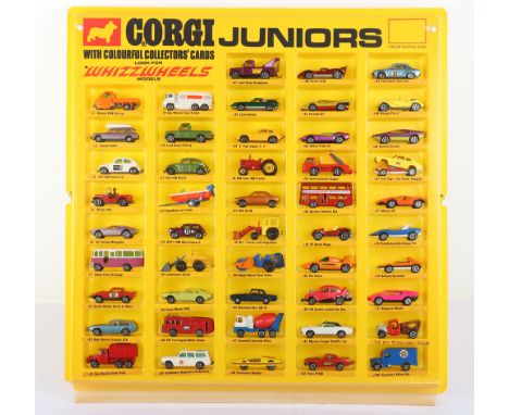 Rare Corgi Juniors E9050 Retailers Shop Display Unit with 48 Models, yellow vacuum plastic, with metal stand for counter disp