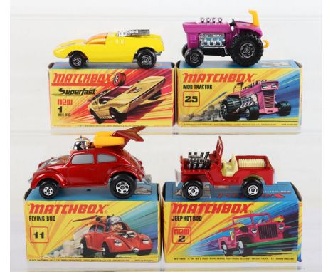 Four Boxed Matchbox Lesney Superfast Models, 1e Mod Rod, yellow, wild cat label, orange glass, 2e Jeep Hot Rod, red body, whi