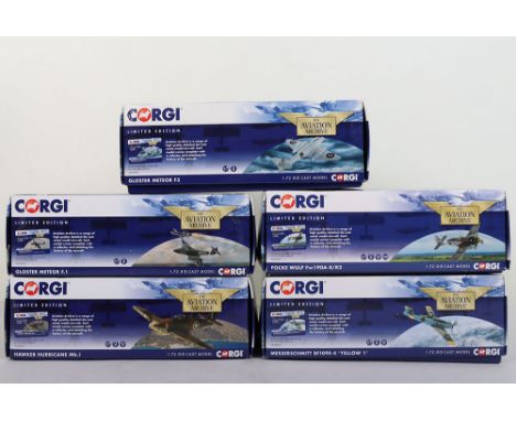 Five Corgi Aviation Archive limited edition 1/72 scale Fighter planes, Gloster Meteor F.1 with rocket, Gloster Meteor F3, Haw