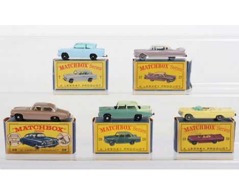 Five Boxed Matchbox Lesney Regular Wheels Model Cars, 7c Ford Anglia black plastic wheels, 27c Cadillac Sixty Special lilac b