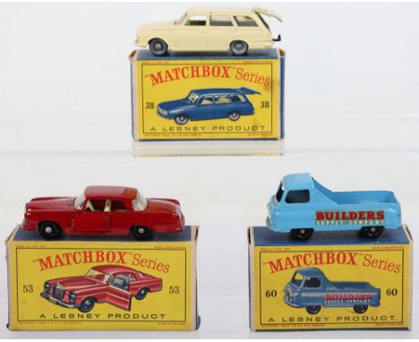 Three Boxed Matchbox Lesney Regular Wheels Models, 38a Vauxhall Victor Estate, yellow body, silver plastic wheels, some fadin