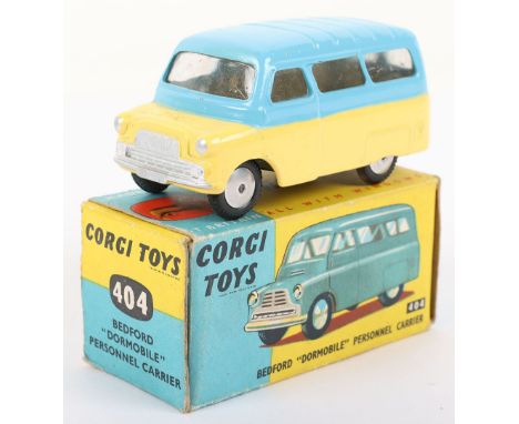 Rare Corgi Toys 404 Bedford “Dormobile” Personnel Carrier, yellow lower body, blue upper half, silver trim, flat spun wheels,