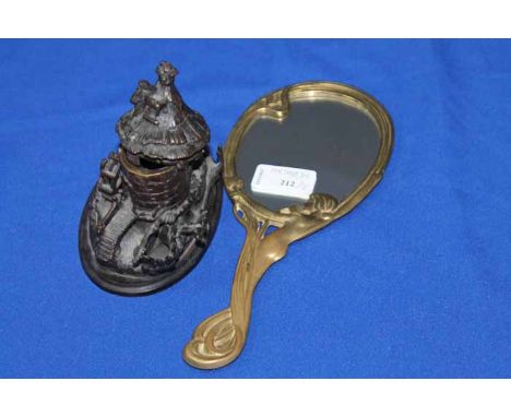 ART NOVEAU STYLE BRASS HAND MIRROR AND BRASS INK STAND 