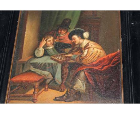 PAIR OF 19TH CENTURY OIL PAINTINGS ON PANEL, of 17th Century Dutch design and two unframed etchings by W. Edwin Law (4)