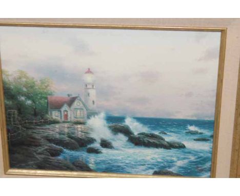 LOT OF PICTURES AND PRINTS
including two Thomas Kincade prints, one large snow scene embroidery, etc, all framed (9)