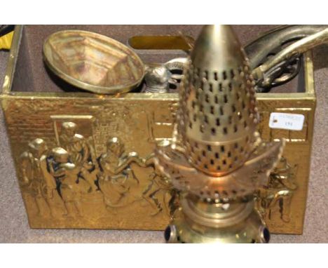 EMBOSSED BRASS PAPER RACK
together with a pair of brass cranes, a brass candlestick, two brass wall-mounting pistols, two bra