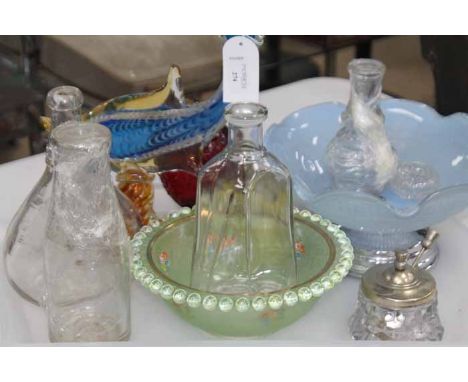LOT OF COLOURED GLASS WARE
including ruby glass lidded dish, glass bottles, a colourful glass fish, etc