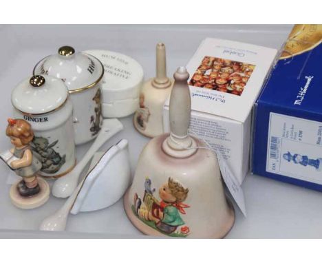 ASSORTED HUMMEL CERAMICS
including a miniature Goebel figurine, preserve pot, ceramic bells etc 