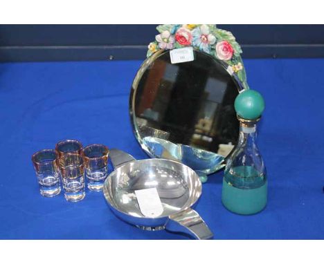 MAPPIN & WEBB SILVER PLATED QUAICH
together with a Barbola mirror and a glass decanter with four nips 