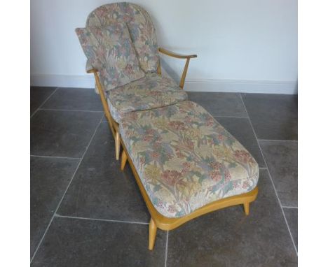 An Ercol Golden Dawn elm chair/day bed with separate stool - Height 86cm x Length 153cm - some wear to arms and legs otherwis