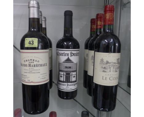 Ten bottles of red wine Chateau les Grands Marechaux Cotes de Bordeaux 2010 x 3, Charles Smith Cabernet Sauvignon 2011 x 2 an