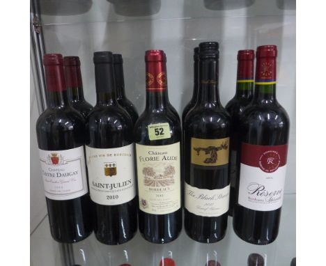 10 bottles of red wine Chateau Terfe Daugay 2010 x2 Saint Julien 2010 x 2, Chateau Florie Aude Bordeaux 2010 x 2, the Black S