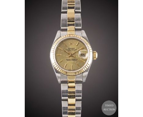 A LADIES STEEL &amp; GOLD ROLEX OYSTER PERPETUAL DATEJUST BRACELET WATCH
DATED 2002, REF. 79173 WITH ORIGINAL BOX, PAPERS, TA