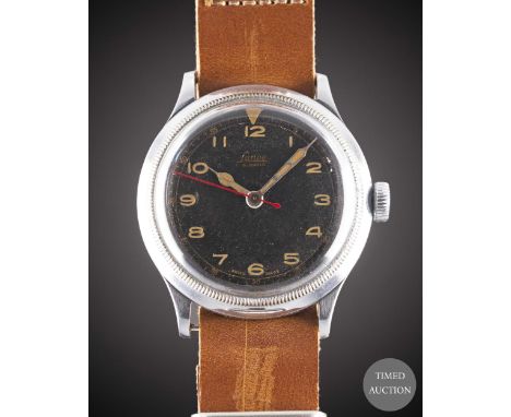 A GENTLEMAN'S LANCO&nbsp;PILOTS&nbsp;WRIST WATCH
CIRCA 1940s, BLACK DIAL WITH "CATHEDRAL" HANDS
Movement: 15J, manual wind, c