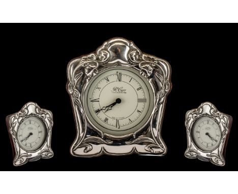 Silver Art Nouveau Style Mantle Clock, wonderful Art Nouveau styling with tulip design; fully hallmarked for silver; 6.5 inch