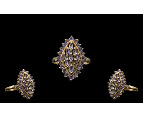 Ladies 9ct Gold Attractive Diamond &amp; Amethyst Set Cluster Ring, Marquise shape. Amethysts of pale colour.  Ring size P.  