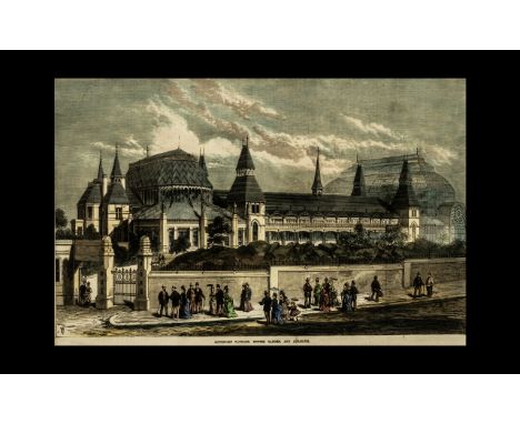 Coloured Print of Southport Pavilian, showing the Winter Garden and Aquarium.  Mounted and framed behind glass.  Measures 19"