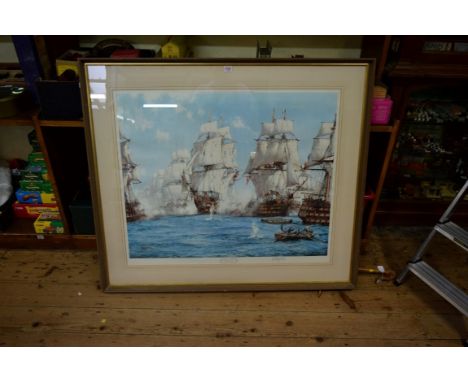 Montague Dawson, 'The Battle of Trafalgar', signed in pencil, blind stamped, colour print, I.73.5 x 91cm.   Condition Report: