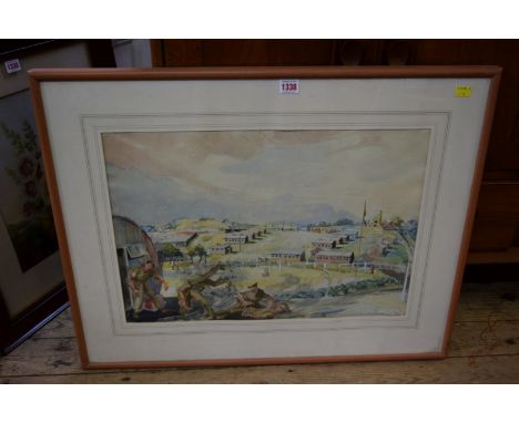 English School, a WWII army barracks, indistinctly signed 1943, watercolour, 38.5 x 56cm.